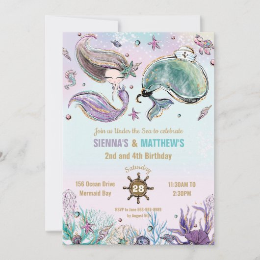 Zeemeermin en Walvis Piraat Tweeling Verjaardagsfe Kaart (Voorkant)