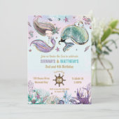 Zeemeermin en Walvis Piraat Tweeling Verjaardagsfe Kaart (Staand voorkant)