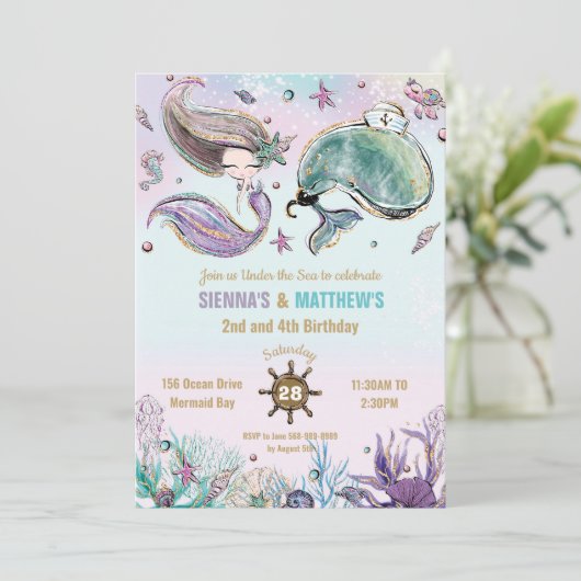 Zeemeermin en Walvis Piraat Tweeling Verjaardagsfe Kaart (Staand voorkant)