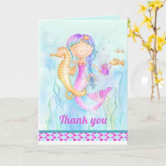 Zeemeermin en zeepaardje grillige waterverf dank u kaart (Gele Bloem)