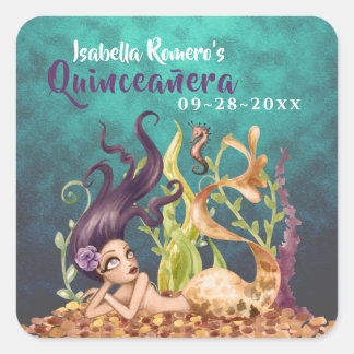 Zeemeermin en zeepaardje onder het Zee Quinceañera Vierkante Sticker