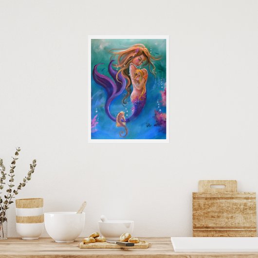 Zeemeermin en zeepaardjes, kleurrijk poster (Keuken)