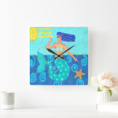 Zeemeermin en Zeester Abstracte Kunst Vierkante Klok (Huis)