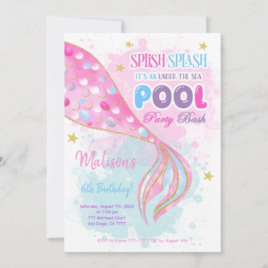 Zeemeermin en zwembad uitnodiging voor kinderen (Voorkant)