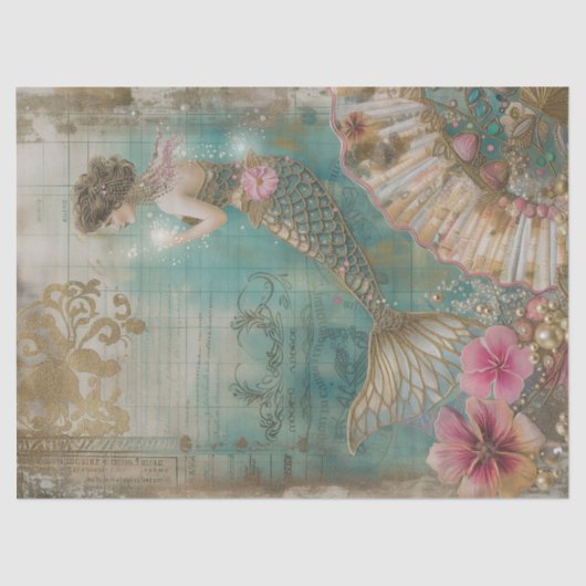  Zeemeermin Ephemera Decoupage in Groen, Goud Tissuepapier (Voorkant)