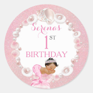 Zeemeermin Etnische Baby Meisje Roze Schelp Parels Ronde Sticker