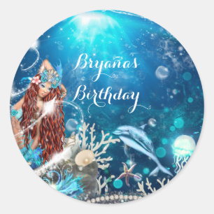 Zeemeermin Fantasy Rode Hoofd Betoverde Feest Favo Ronde Sticker