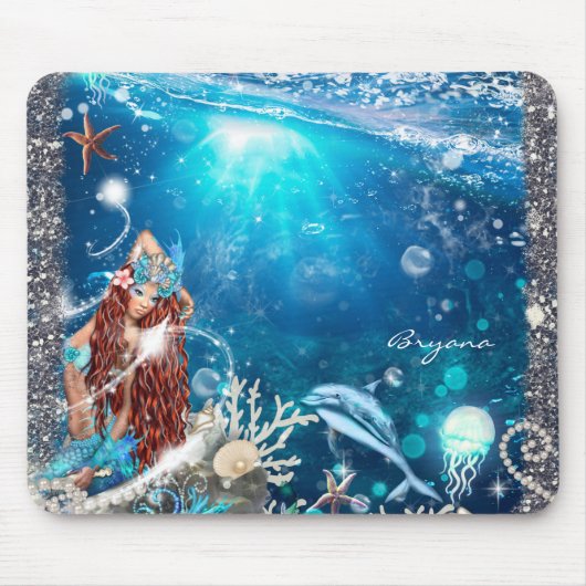 Zeemeermin Fantasy Rode Hoofd Betoverde Strand Muismat (Voorkant)