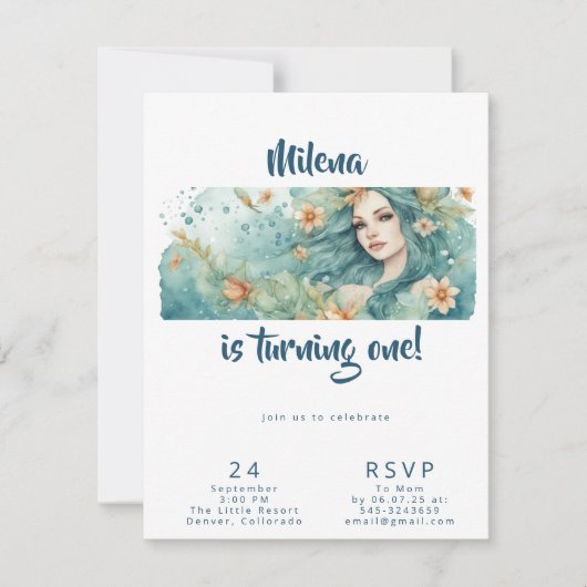 Zeemeermin feestuitnodiging eerste meisjes verjaar kaart (Voorkant)