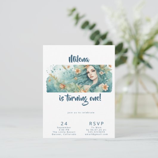 Zeemeermin feestuitnodiging eerste meisjes verjaar kaart (Staand voorkant)