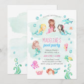 Zeemeermin feestuitnodiging, verjaardagsfeestje kaart (Voorkant / Achterkant)