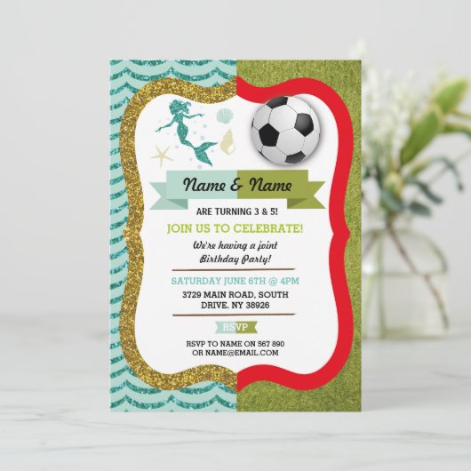 Zeemeermin & Football Boy Girl Verjaardag Voetbal Kaart (Staand voorkant)