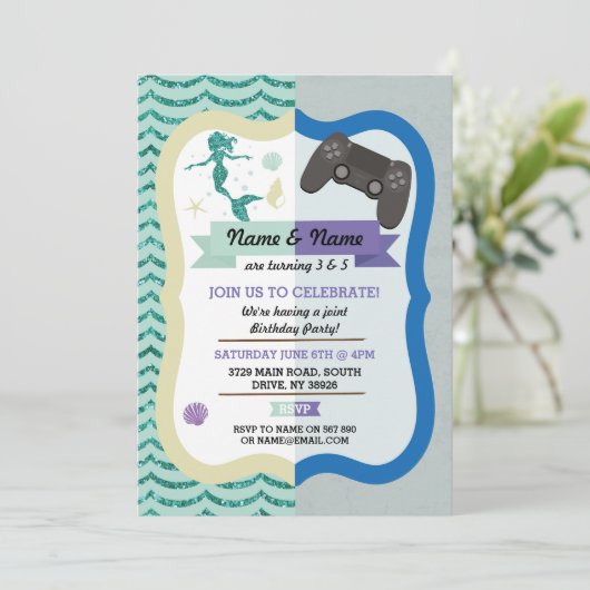 Zeemeermin & Gaming Joint Boy Girl Verjaardag Uitn Kaart (Staand voorkant)