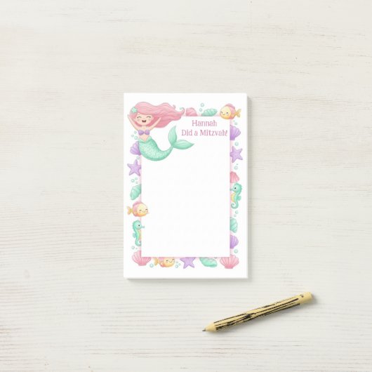 Zeemeermin gepersonaliseerde mitswa post-it® notes (Op bureau)