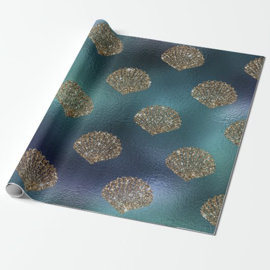 Zeemeermin Glitter Blue Navy Gold Seashells Cadeaupapier (Uitgerold)