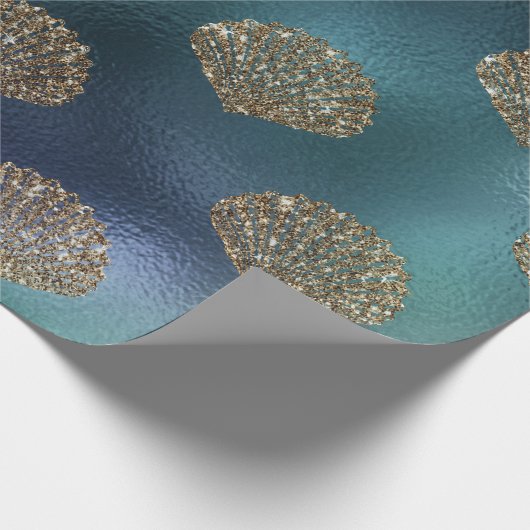 Zeemeermin Glitter Blue Navy Gold Seashells Cadeaupapier (Hoek)