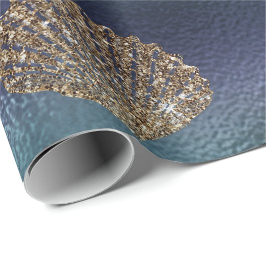 Zeemeermin Glitter Blue Navy Gold Seashells Cadeaupapier (Rol Hoek)