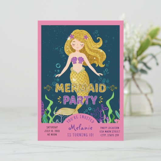 Zeemeermin Glitter Feest Kaart (Staand voorkant)