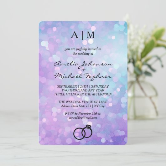 Zeemeermin Glitter Monogram Huwelijksuitnodiging Kaart (Staand voorkant)