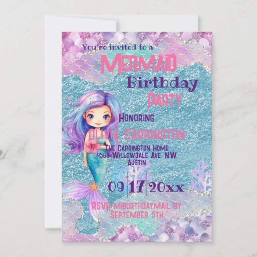 Zeemeermin Glitter Roze Paarse Meisjes Verjaardags Kaart (Voorkant)