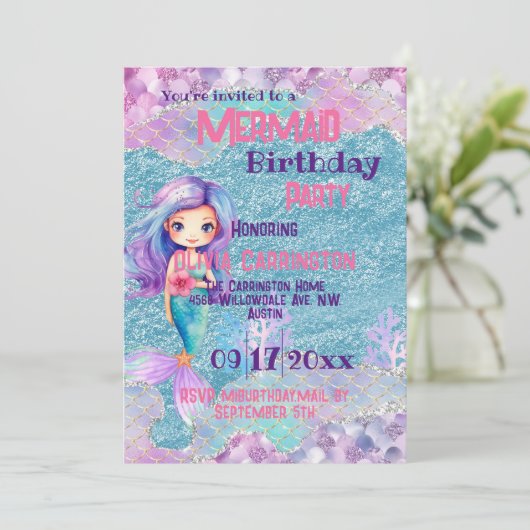 Zeemeermin Glitter Roze Paarse Meisjes Verjaardags Kaart (Staand voorkant)