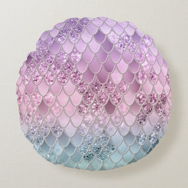 Zeemeermin Glitter Scales #2a (Faux Glitter) #glim Rond Kussen (Voorkant)