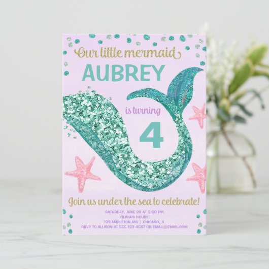 Zeemeermin glitter staart roze paarse blauwgroen v kaart (Staand voorkant)