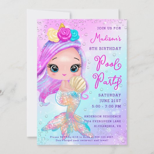 Zeemeermin Glitter Zwembad Party Verjaardag Kaart (Voorkant)