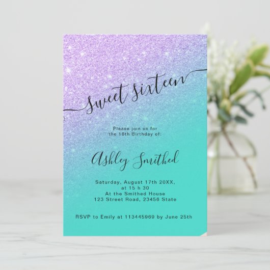 Zeemeermin glitters turquoise ombre chic sweet 16 kaart (Staand voorkant)