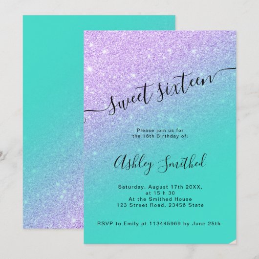 Zeemeermin glitters turquoise ombre chic sweet 16 kaart (Voorkant / Achterkant)