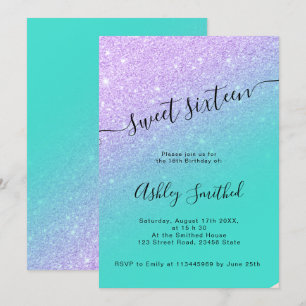 Zeemeermin glitters turquoise ombre chic sweet 16 kaart