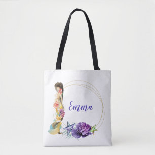 Zeemeermin Goud Lijst Bloem Gepersonaliseerd Monog Tote Bag