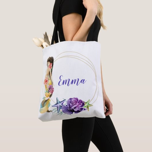 Zeemeermin Gouden Lijst Gebloemd Gepersonaliseerd Tote Bag (Dichtbij)