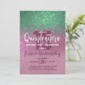 Zeemeermin Groen Roze Triple Glitter Quinceañera Kaart (Staand voorkant)