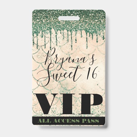 Zeemeermin Groene Perzik Glitter Drip Sweet 16 VIP Badge (Voorzijde)