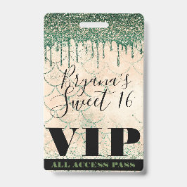 Zeemeermin Groene Perzik Glitter Drip Sweet 16 VIP Badge