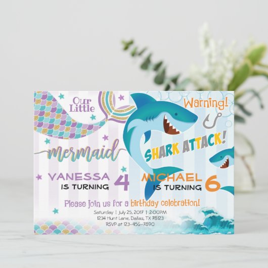Zeemeermin haai verjaardagsfeestje uitnodiging bro (Staand voorkant)