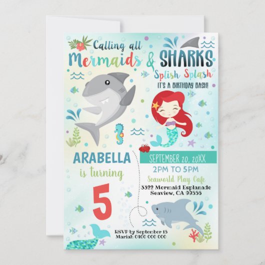 Zeemeermin Haaien Feest Uitnodiging (Voorkant)