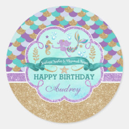 Zeemeermin Happy Birthday gepersonaliseerde Sticke Ronde Sticker