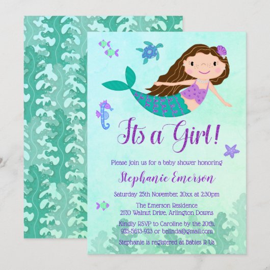 Zeemeermin het is een meisje baby douche uitnodigi kaart (Voorkant / Achterkant)
