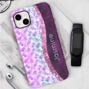Zeemeermin huid roze zilveren faux glitter monogra iPhone 15 case