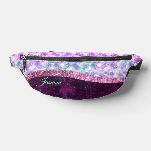 Zeemeermin huid roze zilveren faux glitter monogra heuptasje (Liggend)