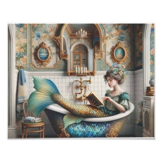 Zeemeermin in bad lezen Foto afdrukken (Voorkant)