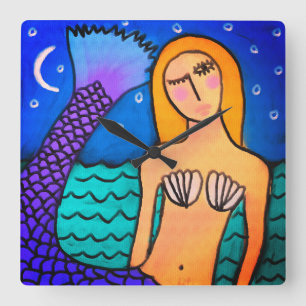 Zeemeermin in de Abstracte kunst van Moonlight Vierkante Klok