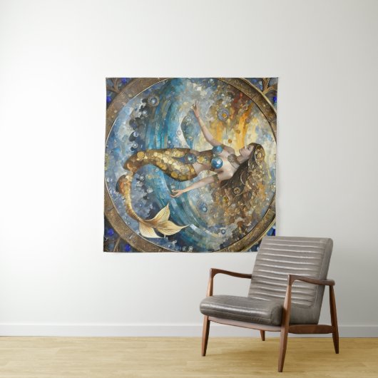 Zeemeermin in de oceaangolven wandkleed (In Situ (horizontaal))