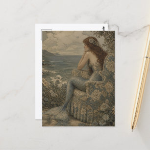 Zeemeermin in een vintage stoel aan zee briefkaart