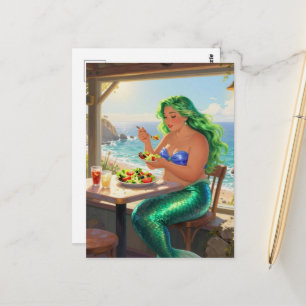 Zeemeermin in het café die salade eet briefkaart