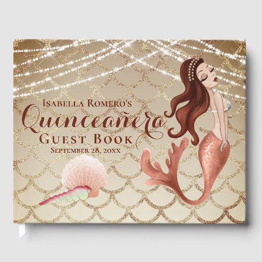 Zeemeermin in Roos Goud Onder het Zee Quinceañera Gastenboek (Voorkant)