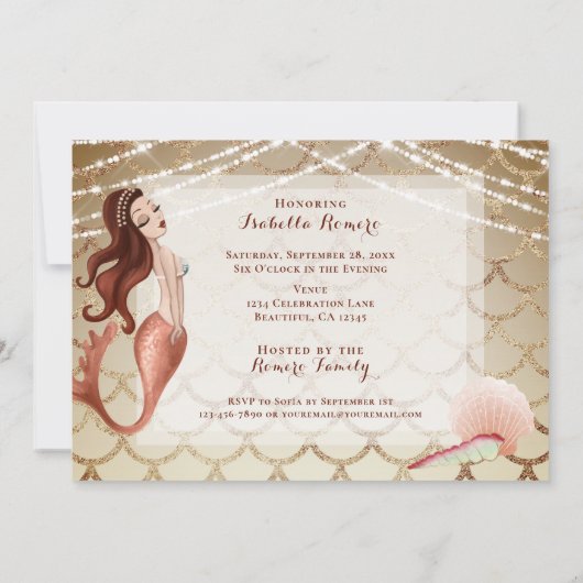 Zeemeermin in Roos Goud Onder het Zee Quinceañera Kaart (Achterkant)