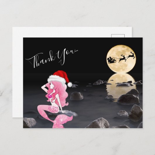 Zeemeermin in Roze en Santa Hat Volle Maan Dank U Briefkaart (Voorkant / Achterkant)